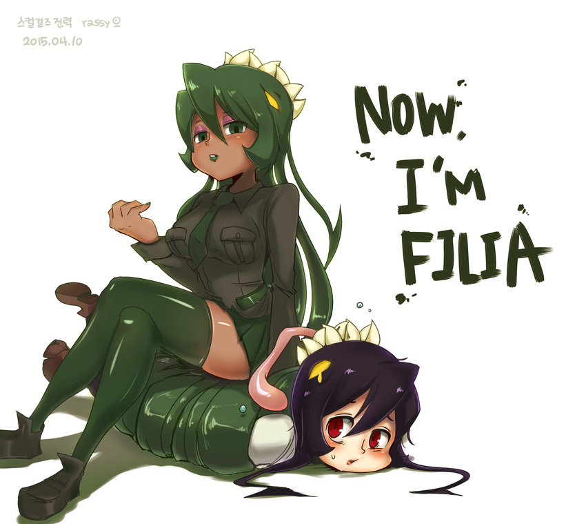 2girls artist_name bad_id bad_pixiv_id bound breasts dark-skinned_female dark_skin dated english_text eyeshadow filia_(skullgirls) fukua_(skullgirls) green_eyes green_hair green_legwear green_lips hair_bondage highres lipstick living_hair loafers long_hair long_tongue lying makeup medium_breasts multiple_girls necktie on_stomach rassy red_eyes samson_(skullgirls) school_uniform shamone_(skullgirls) shoes sitting sitting_on_person skirt skullgirls sweatdrop thighhighs tied_up_(nonsexual) tongue