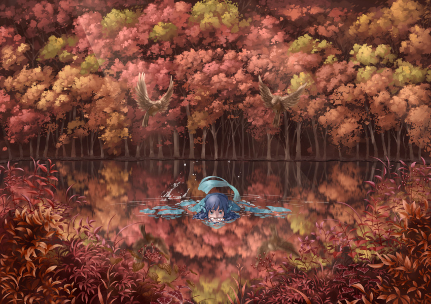 autumn autumn_leaves bird blue_eyes blue_hair bubble bush commentary female fins floating_hair forest head_fins lake looking_at_viewer mermaid monster_girl nagi_(xx001122) nature outdoors partially_submerged reflection scenery solo sunlight swimming touhou wakasagihime