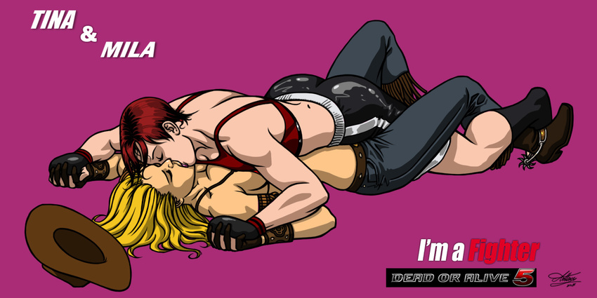 2girls blonde_hair breast_press breasts closed_eyes cowgirl_position dead_or_alive dead_or_alive_5 hand_holding kissing large_breasts leg_between_thighs lying lying_on_a_person lying_on_person mila mila_(doa) multiple_girls mutual_yuri osmar-shotgun red_hair short_hair tina_armstrong yuri