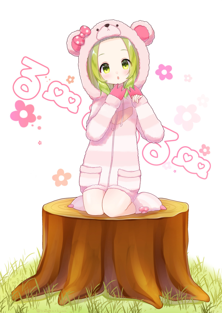 absurdres animal_ears animal_hood bad_id bad_pixiv_id bear_ears bear_hood bow commentary_request drawstring female fingernails forehead green_eyes green_hair head_tilt highres hood hood_up hoodie kuma_no_yume long_sleeves looking_at_viewer morinaka_kazaki morinaka_kazaki_(1st_costume) nijisanji parted_bangs parted_lips paw_shoes pink_bow pocket polka_dot polka_dot_bow shoes sitting sleeves_past_wrists solo striped_clothes striped_hoodie translation_request tree_stump virtual_youtuber wariza white_background