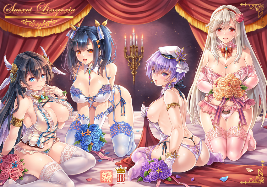 4girls anna_(sennen_sensou_aigis) armlet ass bare_shoulders black_hair blonde_hair blue_eyes blue_flower blue_hair blue_panties blue_rose blue_thighhighs blush bouquet breasts candle cleavage commentary_request cover cover_page cross-laced_clothes curtains detached_collar doujin_cover elbow_gloves elmira_(sennen_sensou_aigis) flower garter_belt gloves hair_flower hair_ornament hair_ribbon hairband hat highres holding jewelry kneeling large_breasts leona_(sennen_sensou_aigis) lingerie long_hair looking_at_viewer looking_back makirin multiple_girls navel necklace open_mouth panties petals photoshop_(medium) pink_flower pink_gloves pink_legwear pink_panties pink_rose purple_eyes purple_flower purple_hair purple_legwear purple_panties purple_rose red_eyes ribbon rose sennen_sensou_aigis short_hair side-tie_panties sideboob sitting sophie_(sennen_sensou_aigis) swept_bangs thighhighs twintails underwear underwear_only wariza white_gloves white_thighhighs yellow_flower yellow_rose yokozuwari