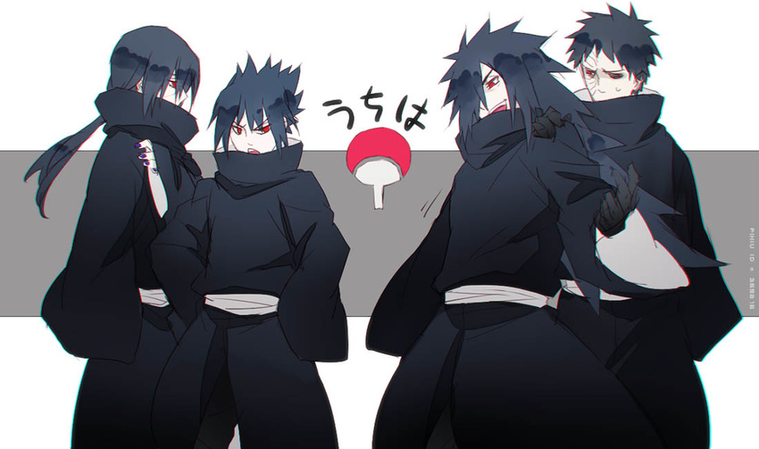 4boys ankai_(rappelzankai) artist_request black_gloves black_hair crest emblem family_crest gloves high_collar multiple_boys nail_polish naruto naruto_shippuuden ponytail red_eyes scar sharingan spiked_hair sweatdrop uchiha_itachi uchiha_madara uchiha_obito uchiha_sasuke