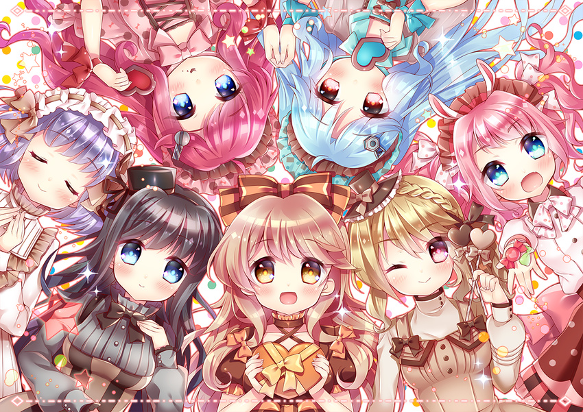 6+girls :> :d ;) ahoge animal_ears black_hair blonde_hair blue_eyes blue_hair blush bow bowtie box braid brown_hair candy character_request chocolate circle_formation closed_eyes collarbone commentary_request fangs food gift gift_box hair_ornament hairband hairbow hat heart heart-shaped_chocolate hinabita holding holding_hands interlocked_fingers izumi_ibuki lolita_hairband long_hair long_sleeves looking_at_viewer meu_meu mini_hat mini_top_hat multiple_girls natsume_asato one_eye_closed open_mouth outstretched_arm pink_hair polka_dot polka_dot_bow puffy_sleeves purple_hair rabbit_ears red_eyes ribbon shinonome_kokona shinonome_natsuhi short_hair short_sleeves siblings sisters smile sparkle star_(symbol) striped striped_bow symbol-shaped_pupils top_hat twins two_side_up wrist_ribbon yellow_eyes