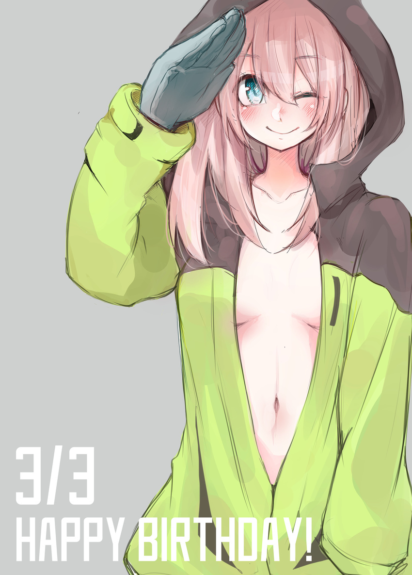 absurdres bad_id bad_pixiv_id blue_eyes blush borrowed_character breasts commentary_request female gloves highres hood hoodie kjula looking_at_viewer medium_breasts navel no_bra one_eye_closed original pink_hair smile solo takagi_(tansuke)