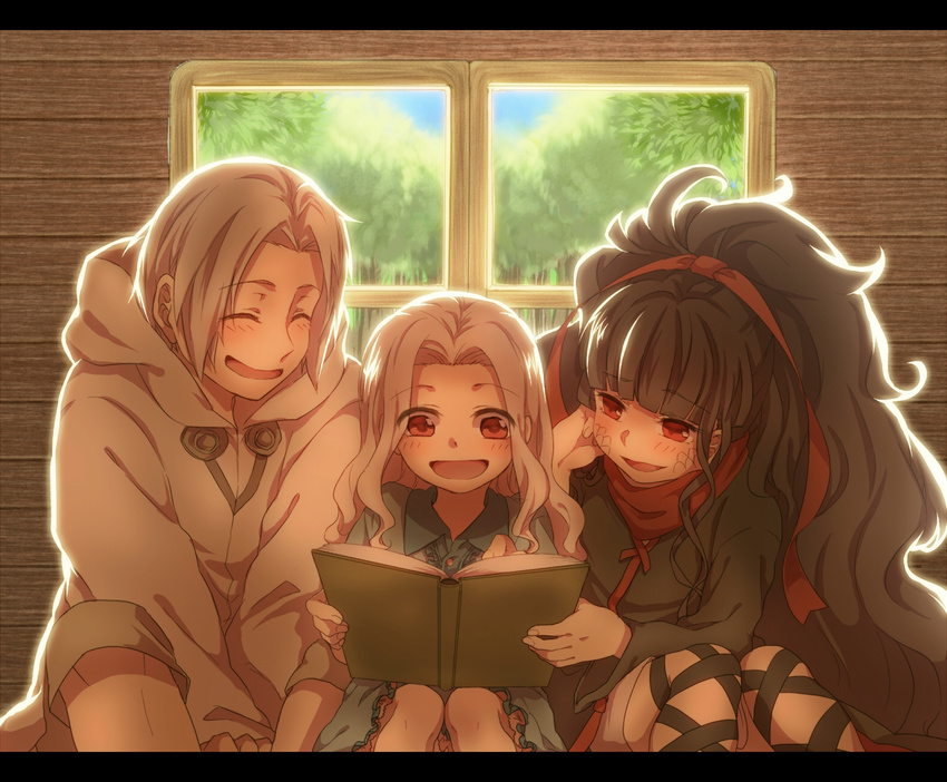 1boy 2girls azami_(kagerou_project) bad_id bad_pixiv_id black_hair book closed_eyes commentary_request dress family father_and_daughter highres hood hoodie husband_and_wife kagerou_project kozakura_shion long_hair mother_and_daughter multiple_girls red_eyes short_hair smile tsukihiko_(kagerou_project) unomi_(makiron910) very_long_hair white_hair