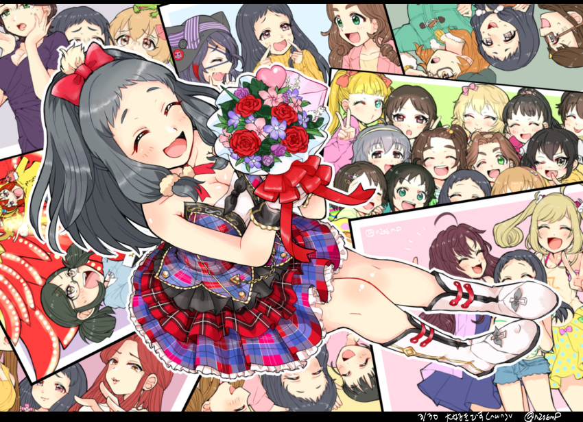 6+girls :p ahoge akagi_miria aqua_eyes araki_hina bare_shoulders birthday black_eyes black_hair blonde_hair blush boots bouquet bow breasts brown_eyes brown_hair choko_omochi cleavage closed_eyes commentary_request dated dress fingersmile flower frilled_dress frills fukuyama_mai glasses gloves green_eyes grey_hair hair_ornament hair_ribbon hairband hairbow hairclip hayasaka_mirei heart highres hyou-kun ichinose_shiki idolmaster idolmaster_cinderella_girls idolmaster_cinderella_girls_starlight_stage iguana jacket koga_koharu kusakabe_wakaba l.m.b.g_(idolmaster) large_breasts light_brown_hair long_hair makihara_shiho mary_cochran matoba_risa multicolored_hair multiple_girls nanjo_hikaru narumiya_yume neck_ribbon oerba_yun_fang ohnuma_kurumi okuyama_saori one_eye_closed open_mouth photo_(object) plaid plaid_dress ponytail purple_hair red_ribbon ribbon rose saejima_kiyomi sakurai_momoka sasaki_chie sato_shin shinohara_rei short_hair short_twintails sleeveless sleeveless_dress smile streaked_hair tachibana_arisu tongue tongue_out twintails twitter_username two-tone_hair ueda_suzuho wavy_hair wavy_mouth white_gloves wrist_cuffs yanase_miyuki yellow_eyes zaizen_tokiko