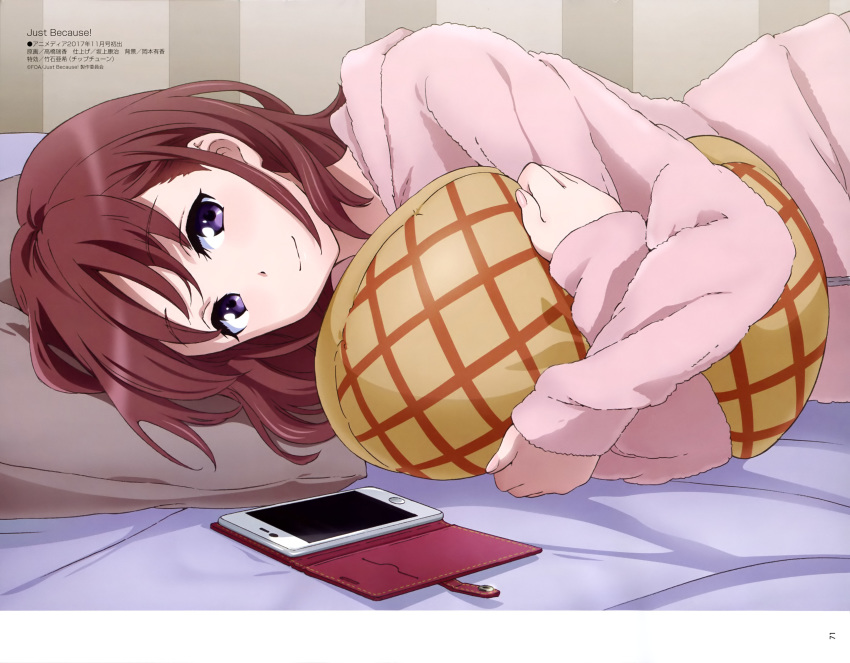 absurdres bed_sheet blush body_blush brown_hair cellphone female head_on_pillow highres hood hoodie hugging_object indoors just_because! looking_at_viewer lying megami_magazine megami_magazine_deluxe nail_polish natsume_mio official_art on_bed on_side page_number pajamas pants phone pillow pink_nails pink_pants pink_shirt purple_eyes shirt smartphone smartphone_case smile solo takahashi_mizuka