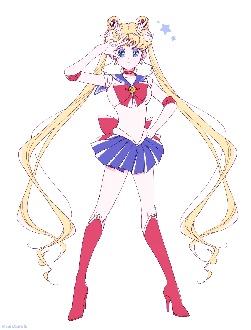 bad_id bad_twitter_id bishoujo_senshi_sailor_moon blue_eyes blue_skirt boots bow brooch buruburu18 choker closed_mouth double_bun elbow_gloves female full_body gloves hair_bun hair_ornament hairclip high_heel_boots high_heels highres jewelry knee_boots long_hair magical_girl parted_bangs pleated_skirt red_bow red_choker red_footwear sailor_moon sailor_moon_pose sailor_senshi_uniform skirt solo standing star_(symbol) tsukino_usagi twintails v very_long_hair white_background white_gloves