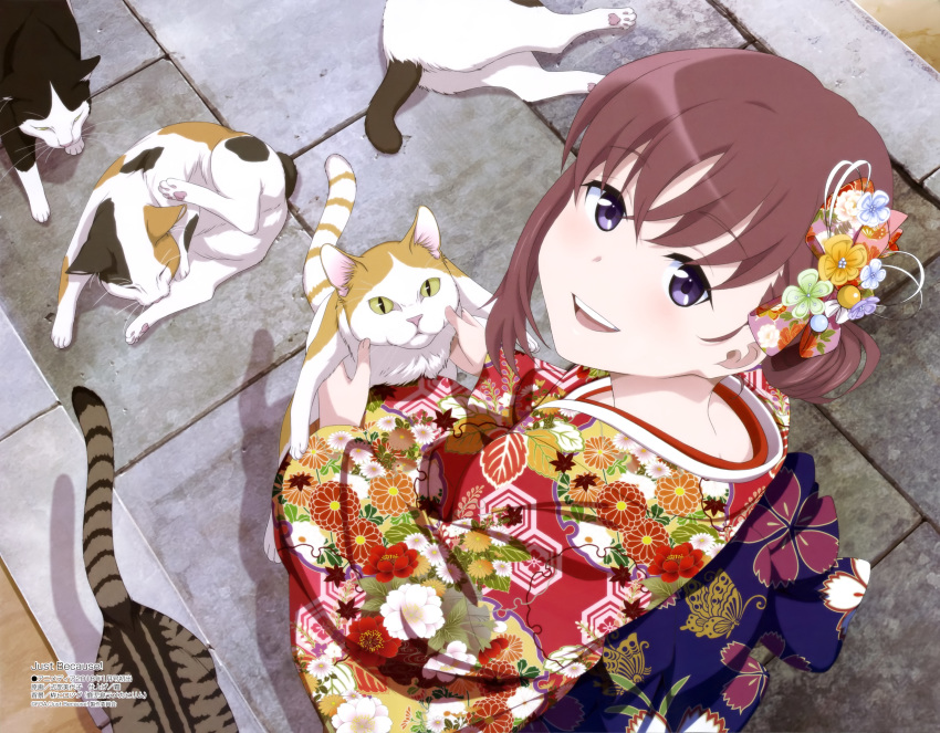 absurdres animal animal_print blush brown_hair butterfly_print calico feline female floral_print fur hair_ribbon highres holding holding_animal holding_cat japanese_clothes just_because! kimono looking_at_viewer megami_magazine megami_magazine_deluxe natsume_mio obi official_art open_mouth outdoors pink_ribbon print_kimono print_ribbon print_sash purple_eyes red_kimono ribbon sash seiza shikibu_miyoko sitting smile yellow_eyes