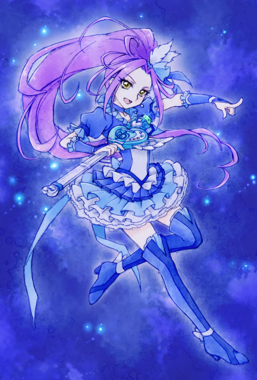 :d aizen_(syoshiyuki) blue_background blue_footwear blue_neckwear blue_skirt blue_theme boots choker commentary cure_beat female frilled_skirt frills full_body g-clef_(suite_precure) hair_ornament high_ponytail highres kurokawa_eren long_hair looking_at_viewer love_guitar_rod magical_girl open_mouth ponytail precure purple_hair seiren_(suite_precure) skirt smile solo suite_precure thigh_boots thighhighs wrist_cuffs yellow_eyes