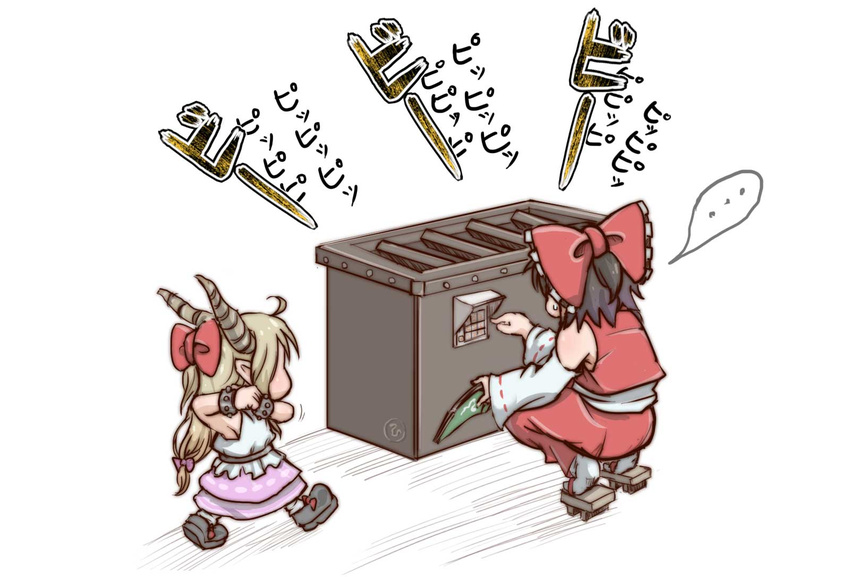 ... 2girls black_hair blonde_hair bow box chamaji commentary_request detached_sleeves donation_box geta hairbow hakurei_reimu highres horns ibuki_suika keypad lock long_sleeves multiple_girls oni_horns percussive_maintenance safe_(container) shirt skirt skirt_set sleeveless spoken_ellipsis squatting touhou translation_request wide_sleeves