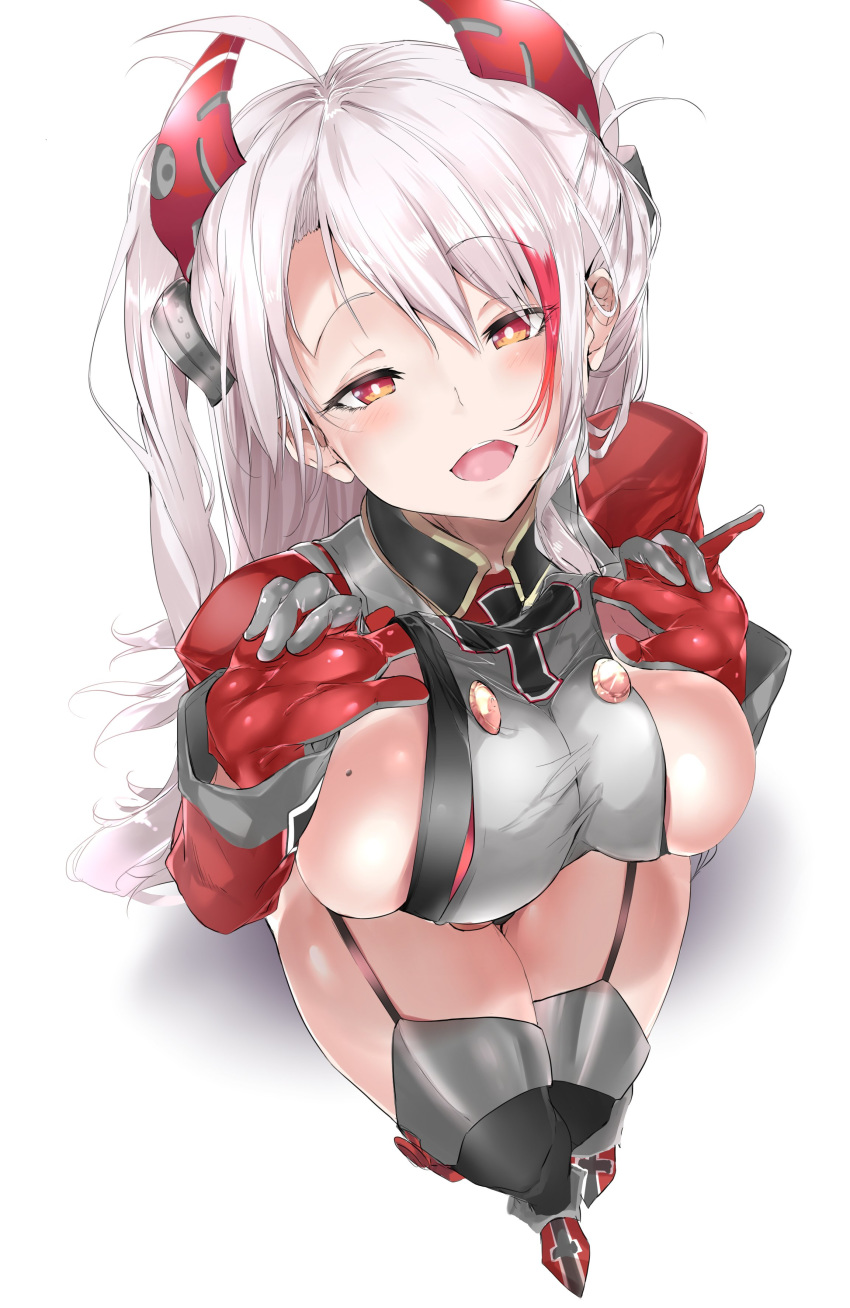 absurdres aoi_takeru azur_lane bad_id bad_twitter_id blush breasts commentary_request cross female full_body garter_straps gloves hair_between_eyes headgear highres iron_cross large_breasts long_hair long_sleeves looking_at_viewer looking_up mole mole_on_breast multicolored_hair open_mouth orange_eyes prinz_eugen_(azur_lane) red_hair simple_background smile solo thighhighs white_background white_hair