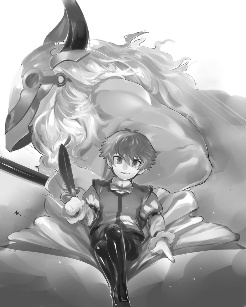 2boys asterios_(fate/grand_order) bare_shoulders bowtie caster_(fate/extra_ccc) fate/extra_ccc fate/grand_order fate_(series) grin horns long_hair mask monochrome multiple_boys muscle open_mouth shoes short_hair shorts