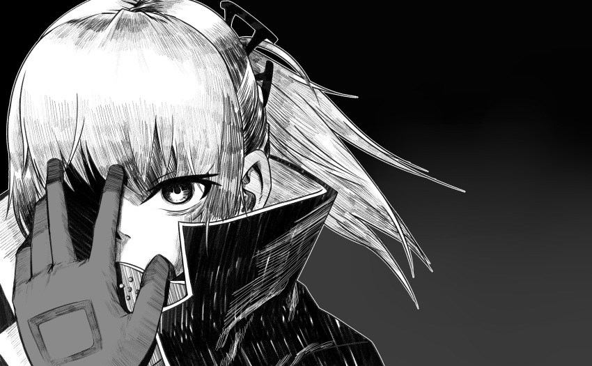 absurdres armor coat commentary_request covering_one_eye female girls'_frontline gloves greyscale hair_between_eyes hair_ornament hand_up highres jacket long_hair looking_at_viewer metal_gear_(series) metal_gear_solid_v:_the_phantom_pain monochrome one_eye_covered parody ponytail serious shaded_face sidelocks solo st_ar-15_(girls'_frontline) st_ar-15_(mod3)_(girls'_frontline) twoj