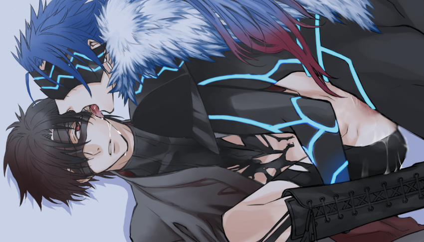 2boys alter_servant black_hair blindfold blue_hair catenated commentary_request cu_chulainn_(fate) cu_chulainn_(prisma_illya) dark_persona emiya_kiritsugu fate/kaleid_liner_prisma_illya fate/zero fate_(series) fur_collar licking long_hair male_focus multiple_boys nail_polish ponytail red_eyes yaoi