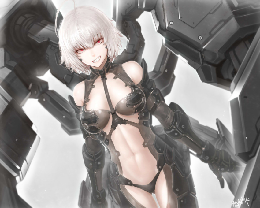 ahoge ass_visible_through_thighs black_panties commentary_request female highres misawa_kei original panties red_eyes robot short_hair simple_background smirk solo underwear white_hair