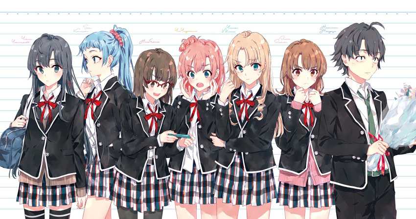 1boy 6+girls :d ahoge bag beige_cardigan belt black_eyes black_jacket black_pants black_pantyhose black_thighhighs blonde_hair blue_eyes blue_hair blush bouquet bow bowtie brown_eyes brown_hair buttons cardigan character_name checkered_clothes checkered_skirt clenched_hands closed_mouth collared_shirt ebina_hina fingernails flower green_belt green_eyes green_neckwear grey_hair hair_between_eyes hair_bun hair_ornament hair_scrunchie height_chart high_ponytail highres hikigaya_hachiman holding holding_bag holding_bouquet holding_phone isshiki_iroha jacket kawasaki_saki lineup long_hair long_sleeves looking_at_viewer looking_away looking_down medium_hair miura_yumiko multiple_girls neck_ribbon necktie open_clothes open_jacket open_mouth pants pantyhose phone pink_cardigan pink_hair pink_scrunchie pocket ponkan_8 ponytail red-framed_eyewear red_bow red_bowtie red_ribbon ribbon school_bag school_uniform scrunchie shirt short_hair sidelocks simple_background single_hair_bun single_side_bun skirt smile sobu_high_school_uniform standing thighhighs white_background white_shirt yahari_ore_no_seishun_lovecome_wa_machigatteiru. yuigahama_yui yukinoshita_yukino zettai_ryouiki