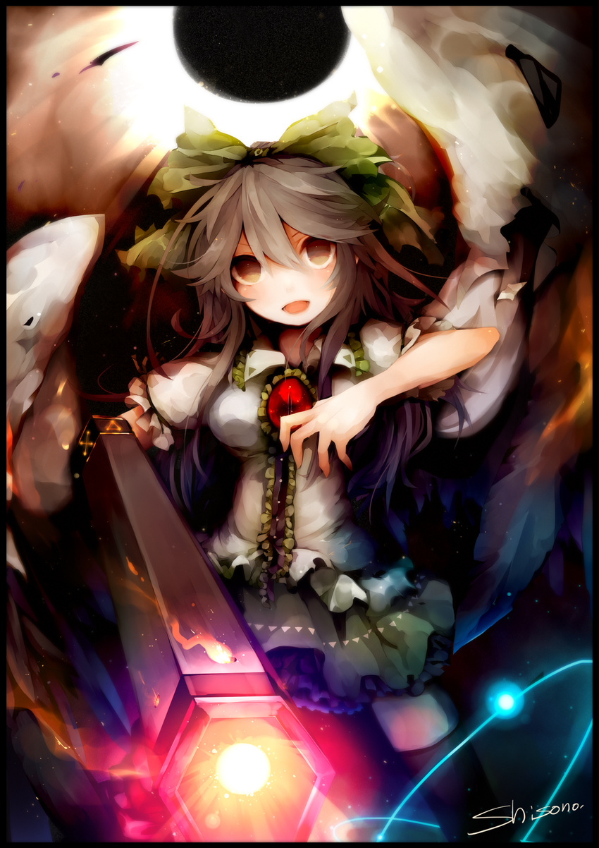 arm_cannon ashisu_(shisono) bad_id bad_pixiv_id black_thighhighs bow brown_eyes brown_hair cape female green_bow hairbow highres long_hair reiuji_utsuho solo thighhighs third_eye touhou weapon wings