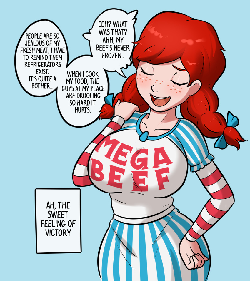 blue_background bow breasts closed_eyes clothes_writing collarbone english_text female freckles hairbow highres large_breasts mega_milk meme meme_attire open_mouth parody red_hair relatedguy simple_background solo speech_bubble wendy's wendy_(wendy's)