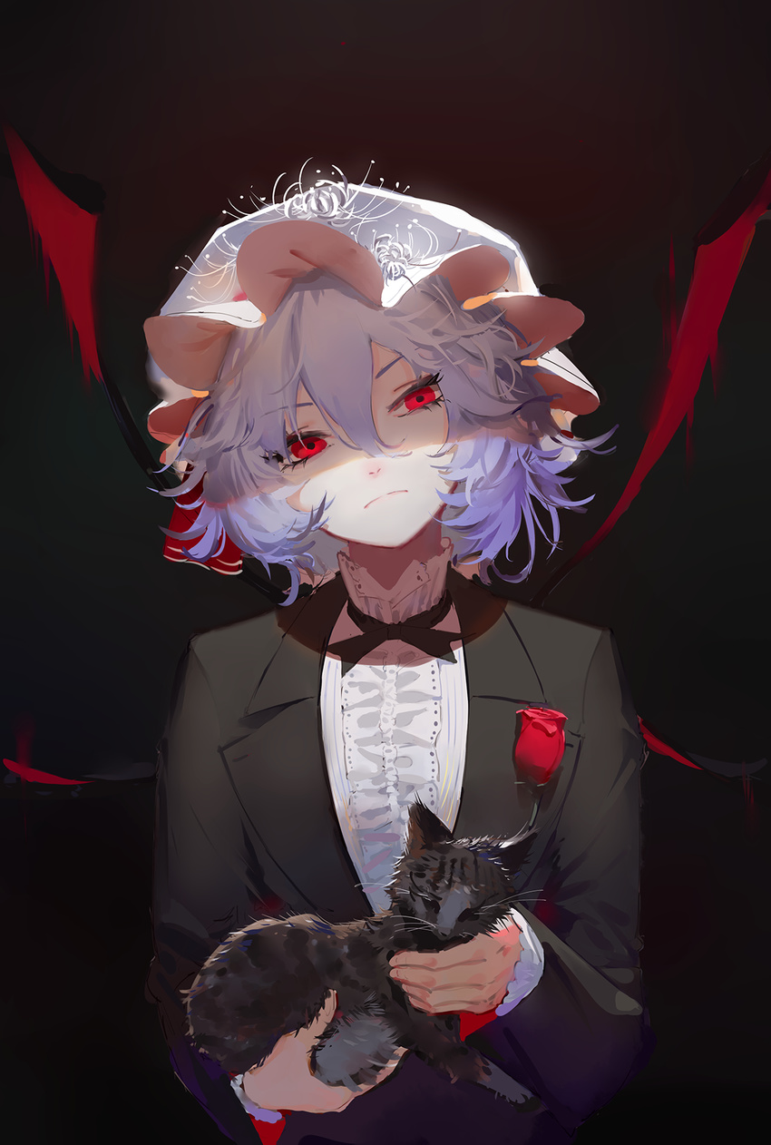 alternate_costume bad_id bad_pixiv_id black_cat closed_mouth commentary_request expressionless feline female flower hat hat_ribbon highres hoshimawa light_purple_hair looking_at_viewer mob_cap red_eyes red_flower red_ribbon red_rose remilia_scarlet ribbon rose short_hair the_godfather touhou tuxedo