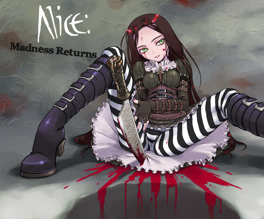 alice:_madness_returns alice_liddell_(american_mcgee's_alice) alternate_costume american_mcgee's_alice belt belt_boots black_footwear blood boots brown_hair commentary_request corset female fingerless_gloves gloves green_eyes highres knee_boots knife long_hair nail_polish nakamura_tetsuya pantyhose photoshop_(medium) sitting solo spread_legs striped_clothes striped_pantyhose