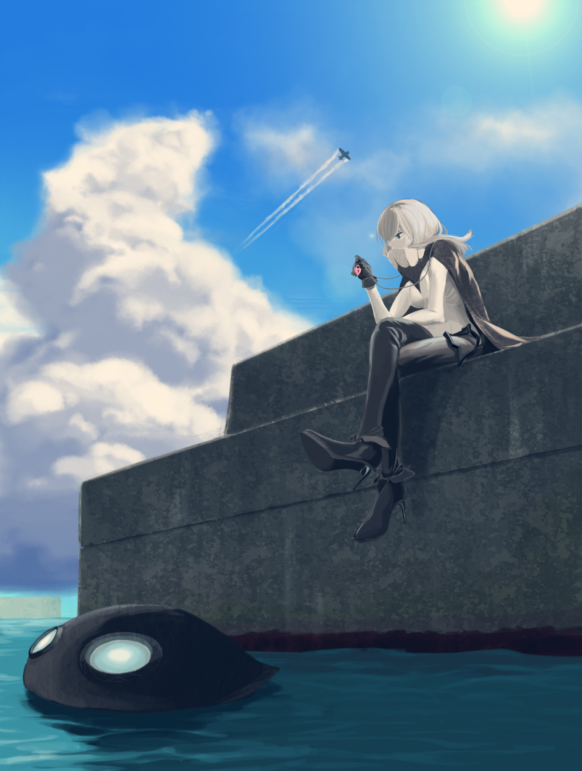 absurdres abyssal_ship aircraft airplane blue_eyes bodysuit cape cloud collar colored_skin commentary_request crossed_legs day elbow_on_knee female gloves hat heart-shaped_lock heart_lock_(kantai_collection) high_heels highres jewelry kantai_collection locket ocean ohc. pendant photoshop_(medium) sitting sky solo sun_glare suspenders unworn_hat unworn_headwear white_hair white_skin wo-class_aircraft_carrier