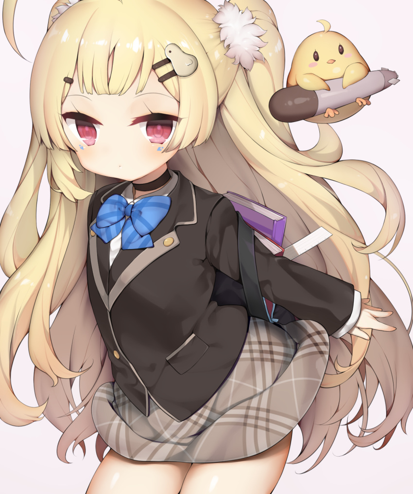 ahoge azur_lane backpack bag bird black_jacket blazer blonde_hair blue_bow blue_bowtie blush book bow bowtie brown_skirt chick closed_mouth collared_shirt commentary_request cowboy_shot eldridge_(azur_lane) eldridge_(the_inquisitive_recluse)_(azur_lane) facial_mark female grey_background hair_ornament hairclip highres jacket long_hair long_sleeves looking_at_viewer manjuu_(azur_lane) official_alternate_costume outstretched_arm plaid plaid_bow plaid_bowtie plaid_skirt red_eyes ruler shirt simple_background skirt sleeves_past_wrists solo tomo_(ryo_i_so_) torpedo two_side_up very_long_hair white_shirt