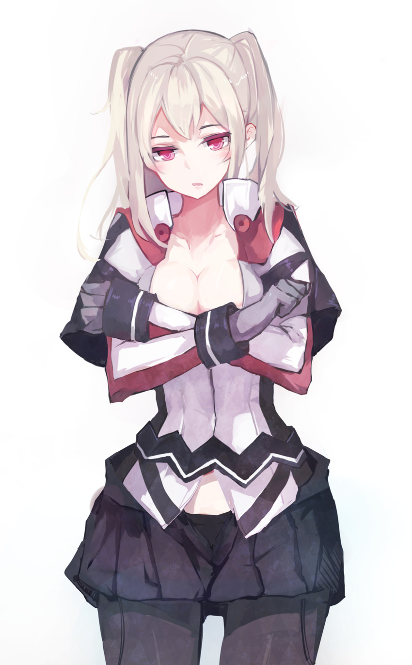 blonde_hair blush breasts cleavage commentary_request female graf_zeppelin_(kancolle) highres kantai_collection large_breasts miniskirt no_headwear pantyhose red_eyes skirt solo twintails white_background yu_kitsune