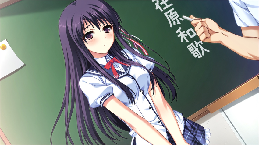 arihara_nodoka blush female game_cg narumi_suzune purple_eyes purple_hair school_uniform skirt tojita_sekai_no_tori_colony uniform