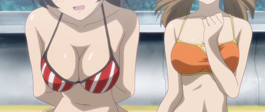 2girls bare_shoulders bikini black_hair breasts brown_hair female head_out_of_frame multiple_girls navel screencap serizawa_miu stitched suzuhara_chihaya swimsuit tona-gura!