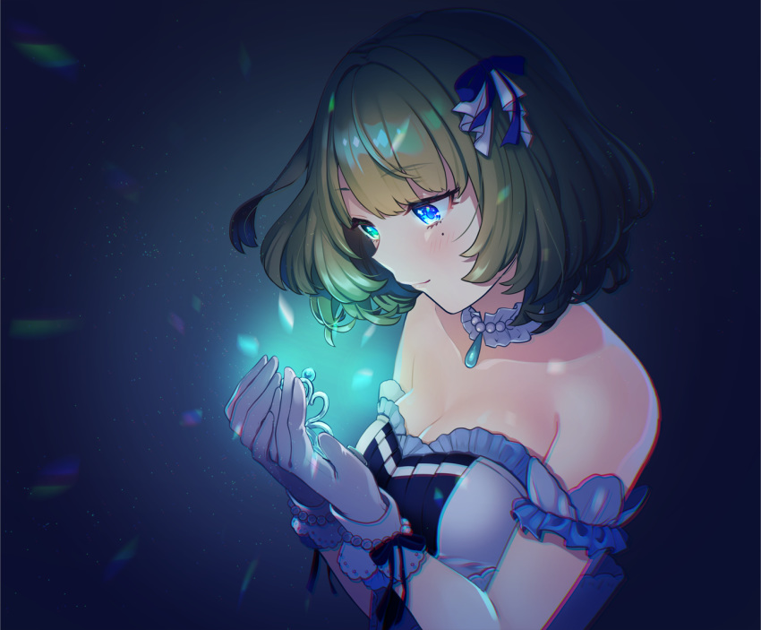 bare_shoulders bbbannooo blue_eyes blush breasts cleavage closed_mouth commentary_request female gloves glowing green_eyes green_hair heterochromia holding idolmaster idolmaster_cinderella_girls idolmaster_cinderella_girls_starlight_stage large_breasts looking_away mole mole_under_eye short_hair smile solo starry_sky_bright_(idolmaster) takagaki_kaede tiara upper_body white_gloves