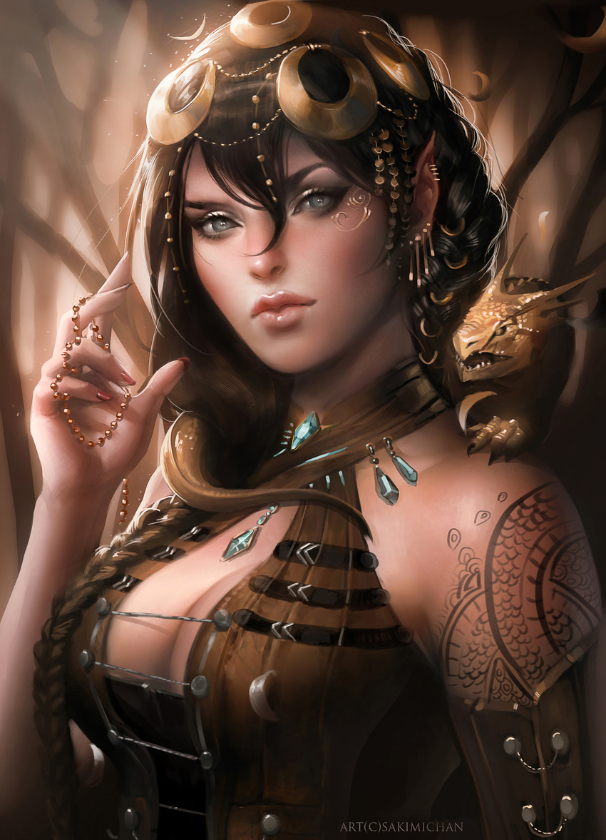 bangs banned_artist bare_shoulders black_hair braid breasts cleavage dragon earrings elf fantasy fingernails gloss grey_eyes hair_ornament highres jewelry large_breasts long_fingernails long_hair looking_at_viewer makeup nail_polish original pendant pointy_ears sakimichan tattoo watermark