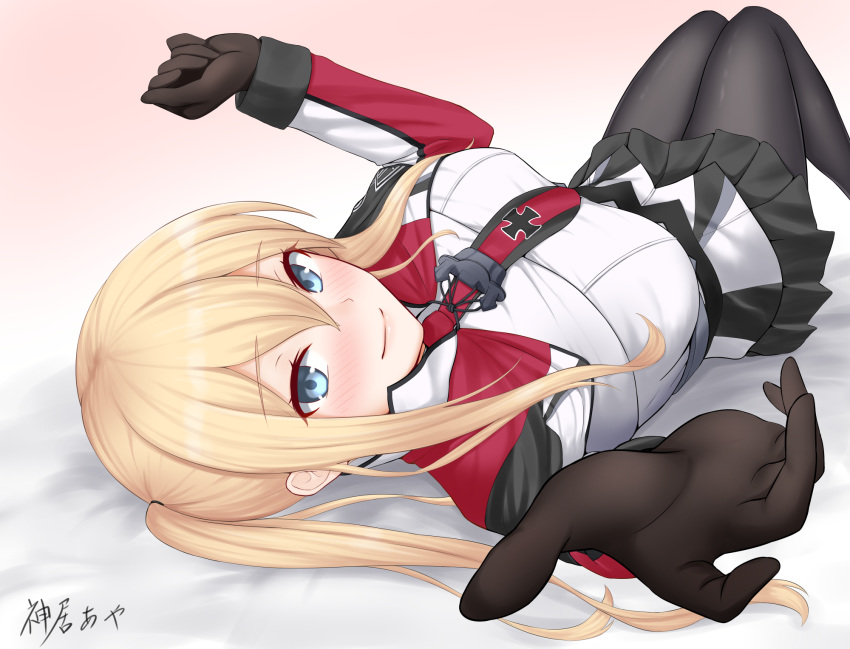 beckoning bed_sheet black_gloves black_pantyhose blonde_hair blue_eyes blush breasts capelet closed_mouth commentary_request cross female gloves graf_zeppelin_(kancolle) hair_between_eyes highres impossible_clothes jacket kamui_aya kantai_collection knees_together_feet_apart knees_up large_breasts long_hair looking_at_viewer lying military military_uniform miniskirt necktie on_back open_mouth outstretched_hand pantyhose pleated_skirt sidelocks signature skirt smile solo tsurime twintails uniform