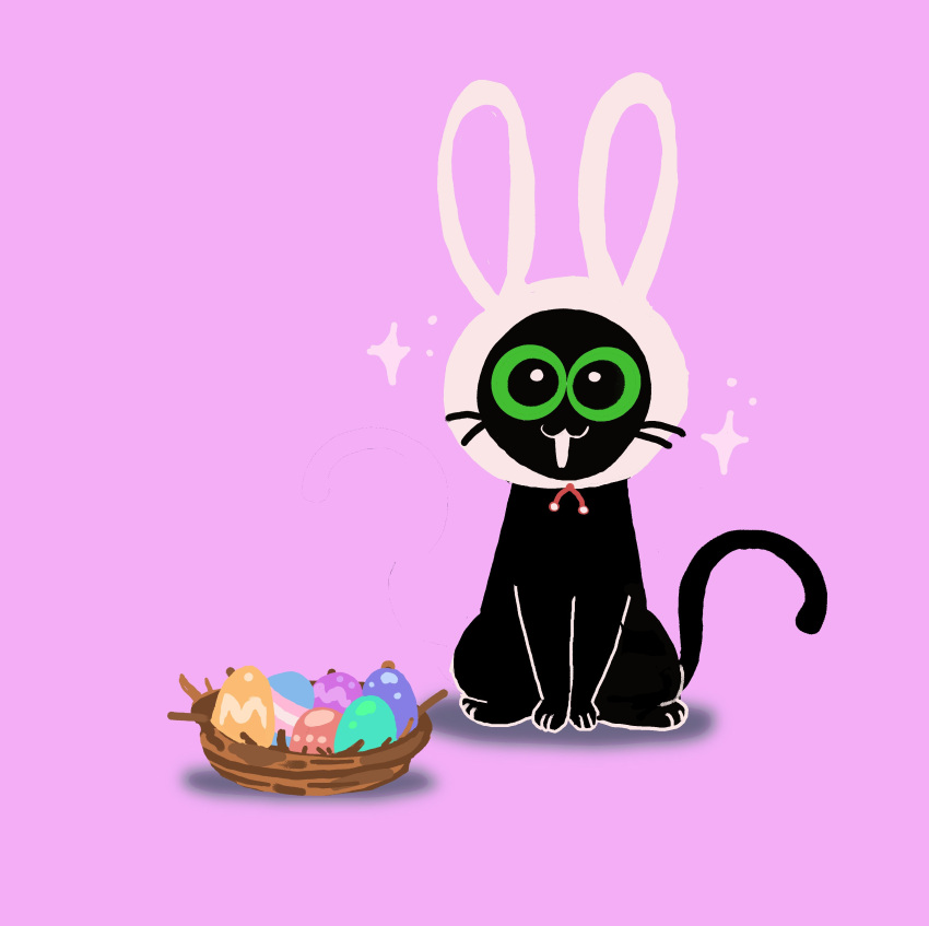 :3 absurd_res ambiguous_gender black_body black_fur domestic_cat easter easter_egg egg felid feline felis feral fur glistening glistening_eyes green_eyes happy hi_res holidays little_kitty_(lkbc) little_kitty_big_city mammal nest official_art paws rabbit_hat shanhorandraws solo whiskers