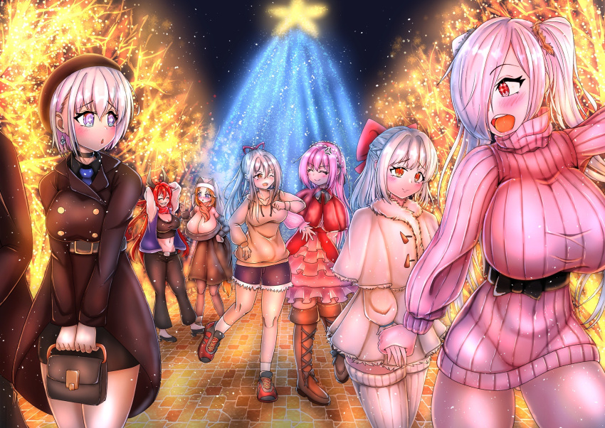 6+girls anger_vein aran_sweater arms_behind_head ass_visible_through_thighs black_tank_top blonde_hair blue_eyes blush boots braid breasts cable_knit christmas christmas_lights christmas_tree cinderella_(nikke) cleavage closed_eyes closed_mouth contemporary crop_top dorothy_(nikke) dress elbowing french_braid goddess_(nikke) goddess_of_victory:_nikke grabbing grey_hair habit hair_between_eyes hair_bun hand_grab high_ponytail highres holding_hands horns huge_breasts jacket large_breasts liliweiss_(nikke) long_hair long_sleeves mechanical_horns midriff mikosi multiple_girls navel nudge nun one_eye_closed one_eye_covered open_clothes open_jacket open_mouth pink_hair ponytail raglan_sleeves rapunzel_(nikke) red_eyes red_hair red_hood_(nikke) red_scarf ribbed_sweater scarf scarlet_(black_shadow)_(nikke) scarlet_(nikke) shiny_eyes short_hair smile snow_white_(innocent_days)_(nikke) snow_white_(nikke) star-shaped_pupils star_(symbol) sweat sweater sweater_dress symbol-shaped_pupils tank_top thigh_boots tight_clothes tight_dress turtleneck turtleneck_sweater twintails very_long_hair white_hair yellow_eyes