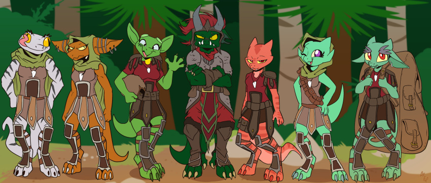 2020 2_horns anthro armor arrow_the_kobold backpack biped black_eyes black_stripes breasts brown_body claws cloak clothed clothing crossed_arms day digitigrade ear_piercing ear_ring eye_licking female footsie_(kobold_adventure) front_view fuf furgonomic_headwear furgonomics gesture green_body group hands_on_own_hips headgear helmet hi_res holding_armor holding_headgear holding_helmet holding_object horn kira_the_kobold kobold kobold_adventure long_tongue looking_at_viewer male moe_(kobold_adventure) one_eye_closed open_mouth open_smile outside piercing red_body ring_piercing scalie smile snaggle_tooth standing striped_body stripes sunny_the_kobold toe_claws tongue tooth_necklace tready_the_kobold waving waving_at_viewer white_body yellow_sclera