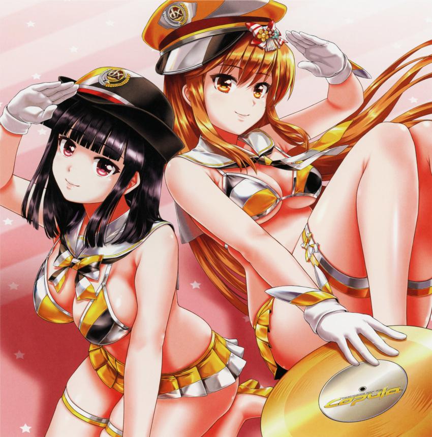 2girls absurdres arm_up beatmania_iidx bikini black_hair blunt_bangs breasts gloves goli_matsumoto hair_between_eyes hat highres hinazuki_ririna holding_record large_breasts long_hair medium_hair multicolored_bikini multicolored_clothes multiple_girls official_art orange_eyes orange_hair red_eyes scan sidelocks smile swimsuit thighs umegiri_iroha very_long_hair white_gloves