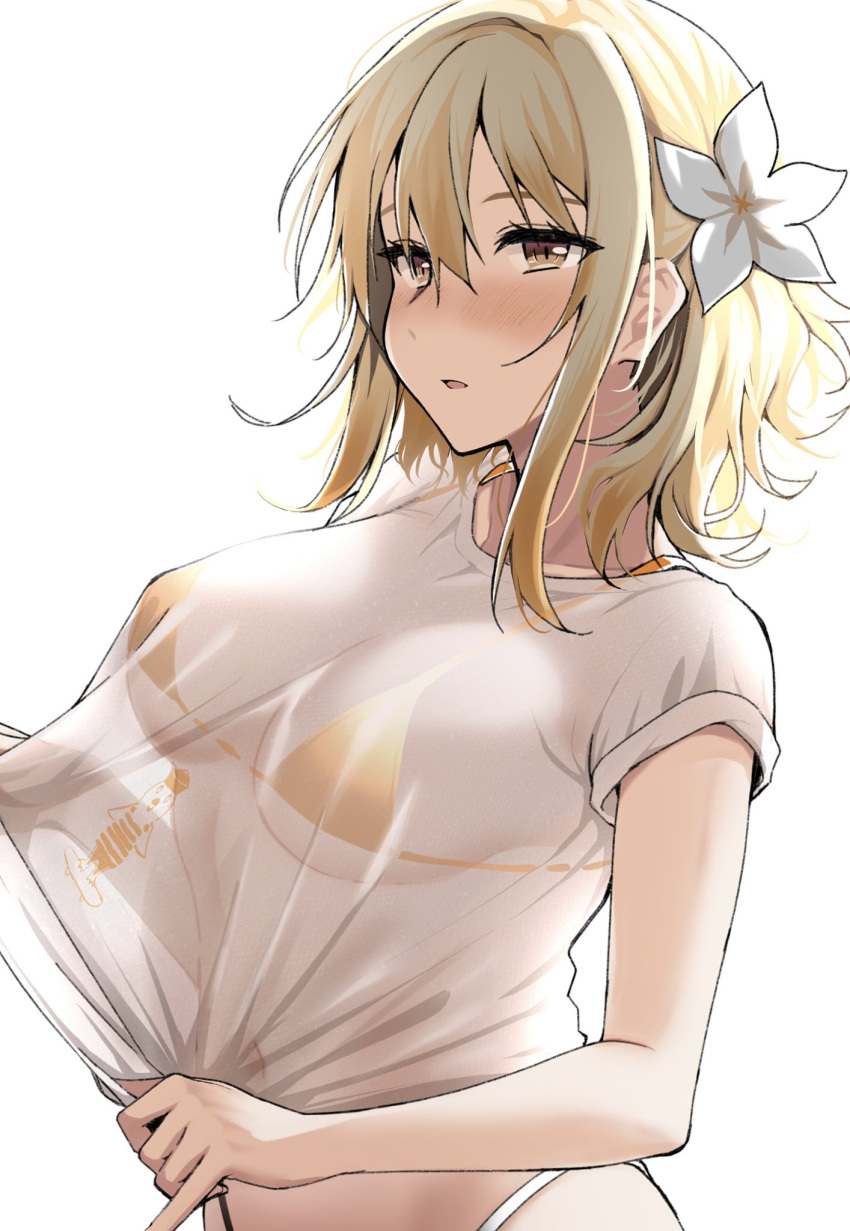 bikini black_bikini blonde_hair blush breasts breasts_apart brown_eyes clothes_lift clothes_pull collarbone commentary covered_navel eyebrows_hidden_by_hair female flower from_side hair_between_eyes hair_flower hair_ornament highleg highleg_bikini highres kitaku_(nakamachi_machi) looking_afar looking_ahead love_live! love_live!_nijigasaki_high_school_idol_club medium_breasts medium_hair miyashita_ai multicolored_bikini multicolored_clothes open_mouth see-through see-through_shirt shirt shirt_lift short_sleeves sidelocks simple_background solo swimsuit symbol-only_commentary t-shirt upper_body white_background white_bikini white_flower yellow_bikini