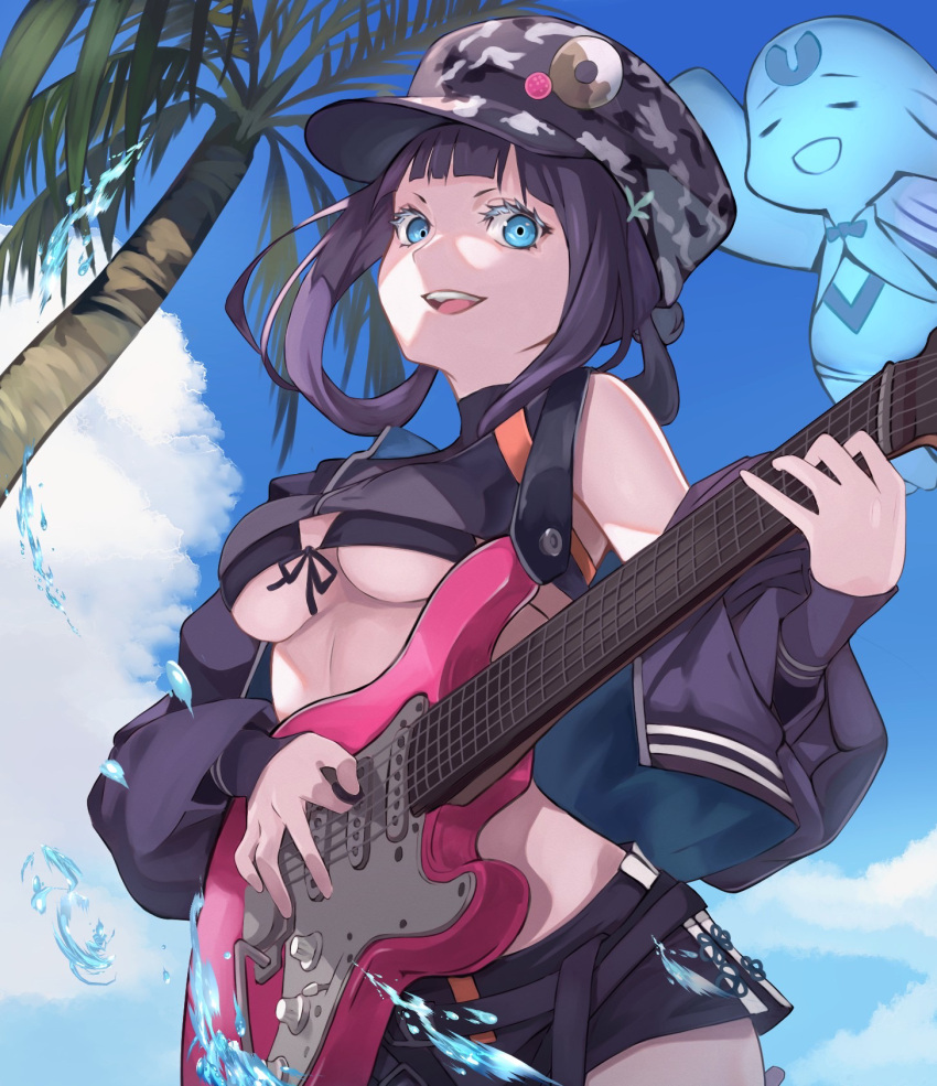 badge baseball_cap bikini bikini_under_clothes black_bikini black_jacket black_shirt black_shorts blue_eyes blue_sky blush breasts button_badge camouflage camouflage_headwear cropped_shirt electric_guitar fate/grand_order fate_(series) female fender_stratocaster genshu_doki guitar hat highres instrument jacket long_hair long_sleeves looking_at_viewer medium_breasts open_clothes open_jacket palm_tree purple_hair shirt short_shorts shorts sidelocks sky smile solo swimsuit tree underboob yang_guifei_(event_portrait)_(fate) yang_guifei_(fate)