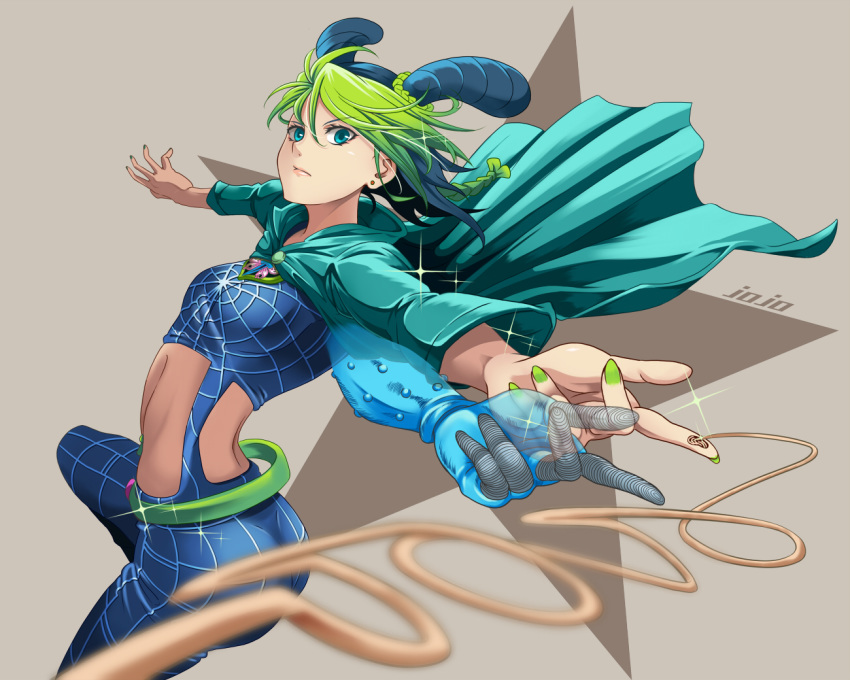 aqua_cloak beige_background blue_eyes blue_hair braid breasts brooch cloak cowboy_shot double_bun female green_hair green_nails hair_bun halterneck jewelry jojo_no_kimyou_na_bouken kujo_jolyne lips looking_at_viewer multicolored_hair seven_(11) simple_background small_breasts solo spider_web_print stand_(jojo) stone_free stone_ocean two-tone_hair