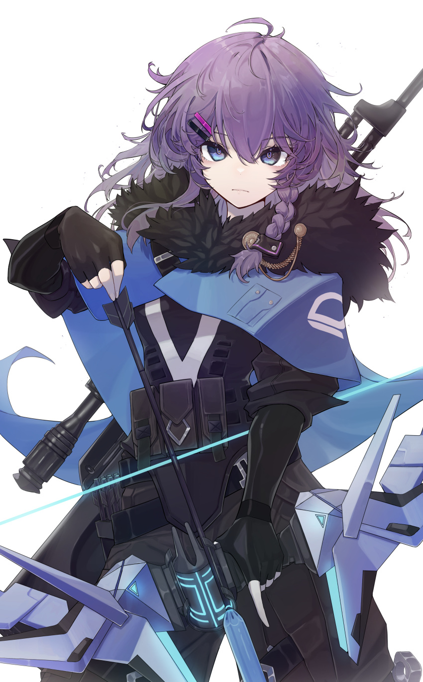 absurdres black_bodysuit black_gloves blue_capelet blue_eyes bodysuit bow_(weapon) braid breasts capelet commentary cosplay female fur_trim gloves hair_ornament hairclip highres holding holding_bow_(weapon) holding_weapon looking_at_viewer nijisanji nijisanji_kr nun_bora purple_hair small_breasts solo sova_(valorant) sova_(valorant)_(cosplay) toga_(toganawa) valorant virtual_youtuber weapon weapon_on_back