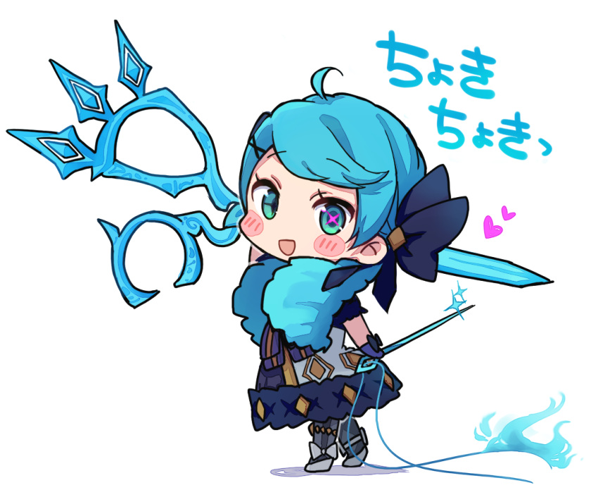 :d ahoge black_bow black_thighhighs blush_stickers bow cherii_(cherry_sister) chibi dress drill_hair female footwear_bow full_body green_eyes green_hair gwen_(league_of_legends) hair_ornament hairbow heart heterochromia holding holding_scissors korean_commentary league_of_legends long_hair needle oversized_object scissors sewing_needle smile solo standing striped_clothes striped_thighhighs thighhighs translated twin_drills twintails vertical-striped_clothes vertical-striped_thighhighs x_hair_ornament