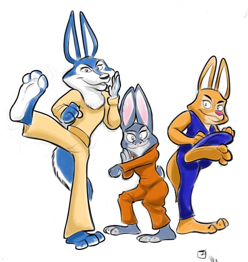 action_pose anthro barefoot bodysuit canid canine canis charlie's_angels clothing crossover diane_foxington disney dreamworks feet female fox group hi_res illumination_entertainment judy_hopps jumpsuit lagomorph leporid looking_at_viewer mammal multiple_poses on_one_leg paws porsha_crystal pose rabbit raised_leg red_fox simple_background sing_(movie) skinsuit smile sneakingsuspicion soles standing team_pose the_bad_guys tight_clothing toes trio true_fox wolf zootopia