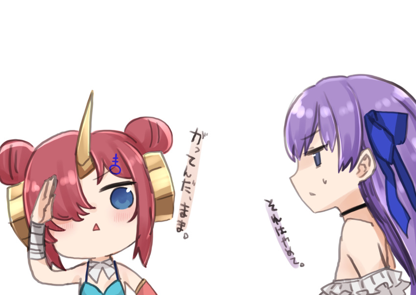 2girls :< arm_up bandaged_arm bandages bare_shoulders bikini black_choker blue_bikini blue_bow blue_eyes blush bow brown_hair chibi choker commentary_request double_bun fate/grand_order fate_(series) frankenstein's_monster_(fate) frankenstein's_monster_(swimsuit_saber)_(fate) frankenstein's_monster_(swimsuit_saber)_(second_ascension)_(fate) hair_bun hair_ornament hair_over_one_eye hairbow highres horns i.u.y long_hair meltryllis_(fate) meltryllis_(swimsuit_lancer)_(fate) meltryllis_(swimsuit_lancer)_(second_ascension)_(fate) multiple_girls parted_lips profile purple_hair salute simple_background single_horn sweat swimsuit translation_request triangle_mouth upper_body white_background