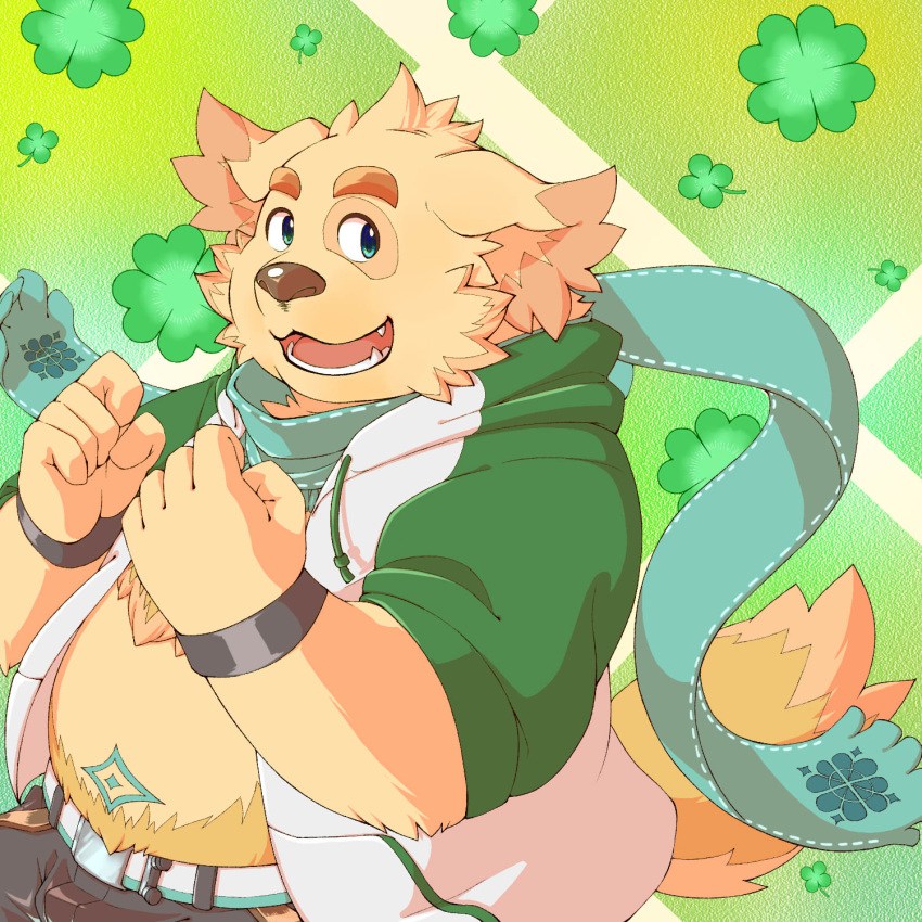 1:1 2020 anthro belly bottomwear brown_body brown_fur canid canine canis clothing cu_sith_(tas) domestic_dog fur furipon hi_res hoodie humanoid_hands kemono lifewonders male mammal overweight overweight_anthro overweight_male pants scarf solo tokyo_afterschool_summoners topwear