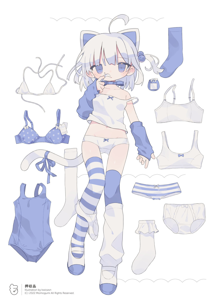 absurdres ahoge animal_ears artist_name asymmetrical_legwear bare_shoulders bikini blue_bra blue_eyes blue_one-piece_swimsuit blue_ribbon blue_sleeves blue_thighhighs bra camisole cat_ears cat_girl cat_tail choker collarbone copyright_notice daizu_(melon-lemon) dated detached_sleeves dress-up female full_body hair_bobbles hair_ornament highres holding holding_own_hair layered_legwear looking_at_viewer medium_hair mismatched_legwear multiple_panties name_tag one-piece_swimsuit one_side_up original panties panties_around_one_leg parted_lips polka_dot polka_dot_bra price_tag ribbon ribbon_choker school_swimsuit shoes simple_background sleeves_past_wrists socks solo striped_clothes striped_panties striped_thighhighs swimsuit tail thighhighs translated underwear unworn_bikini unworn_bra unworn_panties unworn_socks unworn_swimsuit uwabaki white_background white_bikini white_camisole white_footwear white_hair white_panties white_socks