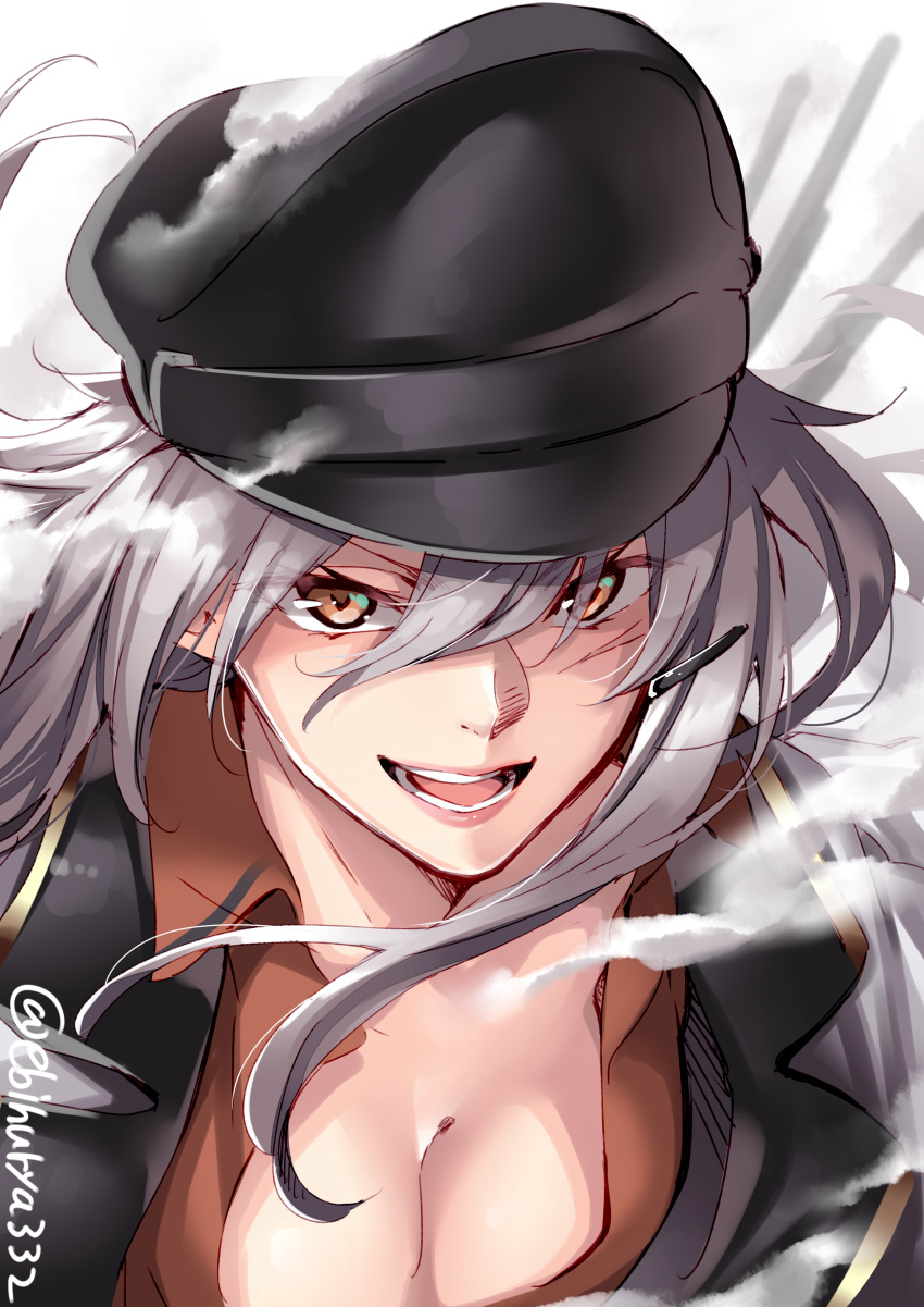 absurdres black_hat breasts cleavage ebifurya enty_reward female gangut_(kancolle) grey_hair hair_between_eyes hair_ornament hairclip hat highres jacket kantai_collection large_breasts lips long_hair open_mouth orange_eyes paid_reward peaked_cap red_shirt scar scar_on_face shirt smile solo twitter_username white_jacket