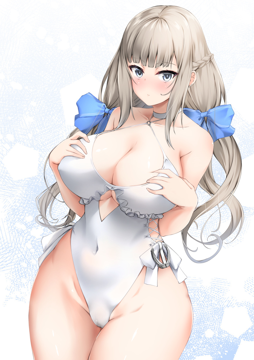 anchor_ornament blue_bow blue_eyes bow braid breasts casual_one-piece_swimsuit choker collarbone comiket_101 commentary_request cosplay covered_navel curvy female french_braid hairbow highleg highleg_swimsuit highres huge_breasts kantai_collection kuon_(break_through) light_brown_hair long_hair low_twintails maryland_(kancolle) one-piece_swimsuit sagiri_(kancolle) sagiri_(kancolle)_(cosplay) sagiri_kai_(swimsuit_mode)_(kancolle) shawl side-tie_swimsuit solo swimsuit thick_thighs thighs twintails white_choker white_one-piece_swimsuit white_shawl