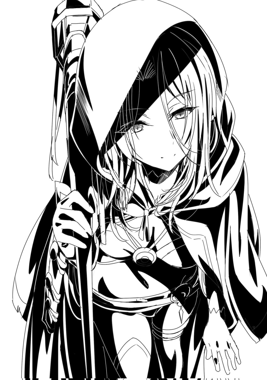 beatrix_(kage_no_jitsuryokusha_ni_naritakute!) breasts cleavage cloak closed_mouth feet_out_of_frame female from_above gloves greyscale hair_between_eyes high_contrast highres holding holding_sword holding_weapon hood hood_up hooded_cloak jewelry kage_no_jitsuryokusha_ni_naritakute! katana light_smile long_hair looking_at_viewer midriff monochrome nakanishi_kazuya necklace over_shoulder pendant short_shorts shorts simple_background single_thighhigh solo standing sword thighhighs thighlet weapon weapon_over_shoulder white_background