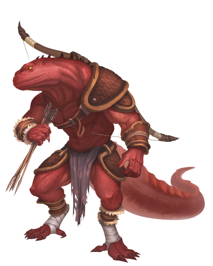 4:5 alpha_channel ambiguous_gender anthro arrow_(weapon) border bottomwear bow_(weapon) clothed clothing diego_machuca hi_res hunter lizardman loincloth muscular muscular_anthro official_art paizo partially_clothed pathfinder ranged_weapon role-playing_game scalie solo transparent_border weapon